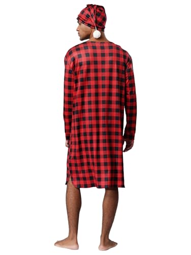 Jhaoyu Mens 2 Piece Pajamas Plaid Pattern V Neck Long Sleeve Sleep Shirt with Night Cap Loungewear4