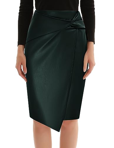 Image of Kate Kasin Women Faux Leather Midi Skirt, High Waist Wrap Bodycon Skirts