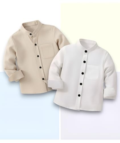 Image of Boys Mandarin Collar Shirt with Chest Pocket Beige and Rama Blue Color, Long Sleeve Button-Down Casual Shirt Pack of 2