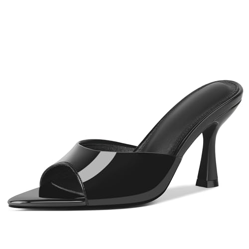 CELNEPHO Womens Black Kitten Heels Summer Heeled Sandals Backless Slip