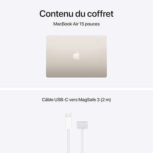 Apple MacBook Air 15 pouces Portable avec puce M5 : Conçu pour l’IA, Écran Liquid Retina 15,3 pouces, Mémoire unifiée 16 Go, SSD 512 Go, Caméra Center Stage 12 MP, Touch ID, Wi-Fi 7, Lumière stellaire
