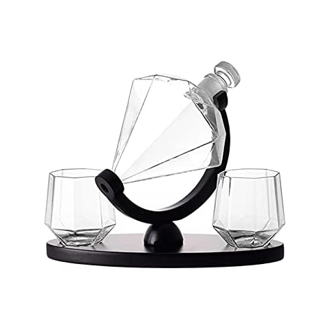 Whiskey Decanter Wine Glass Set Diamond Crystal Whisky Carafe with Fine Wood Stand Liquor Decanter Cover
