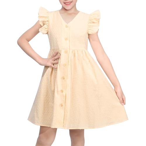 Sunny Fashion Girls Dress Lemon Button Front Swiss Dot Ruffle Cap Sleeve V Neck Party Classic Casual Size 12 Years