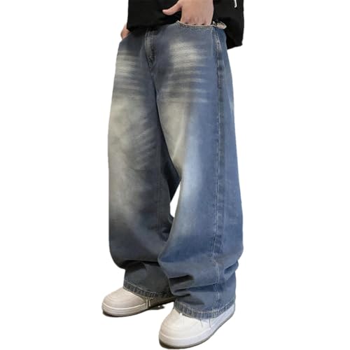 Men's Old Blue Washed Baggy Jeans Straight Casual Loose Wide Leg Trousers