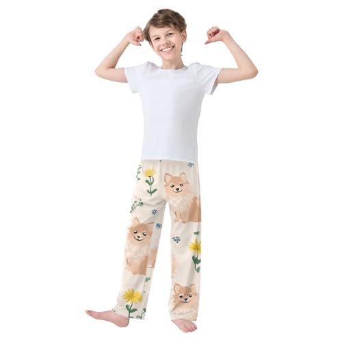 ZZXXB Pomeranian Flower Boys Long Pants Soft Trousers Elastic Waist Kids Lounge Bottoms with Pockets S-XL3