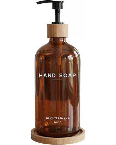 Amber Glass Hand Soap Dispenser Bathroom Set by Brighter Barns - Hand Soap Dispenser for Kitchen Sink & Bathroom - Bamboo Glass Bottle with Tray - Modern Home Decor for Spa RV Fitness Center (Amber)