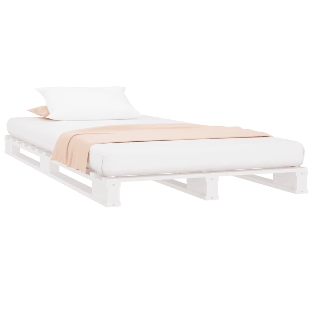 90x200 cm White Solid Pine Wood Pallet Bed Frame with Slats | Low-profile platform design fits standard single mattresses, ideal for kids, teens, or guest bedrooms.