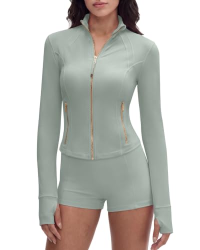 Image of SUUKSESS Women Golden Full Zip Up Workout Cropped Jackets Lightweight Athletic Yoga Tops