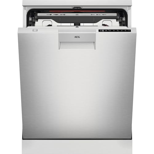 AEG Lavavajillas de Libre Instalación FFB76717PM, 60 cm, 14 Cubiertos, Sistema AirDry, Display Digital XL, Cavidad XXL, Función Extrahigiene, Softspikes, Motor Inverter, 44 dB(A), Inox