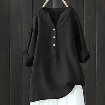 Linnen 2025 Shirts voor Vrouwen Losse Hoge Lage Zomer Katoenen Tops Boho Lente Casual Flowy Shirt 3/4 Mouw Button Down Western Club Blouses Effen Kleur Stand Kraag Lange Mouw Gaas, Rood, 3XL