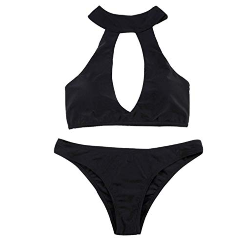 Holshop Bikini Negro para Mujer, Traje de baño Hueco, Push up en el Pecho, diseño Sexy sin Espalda de Cintura Alta Cover