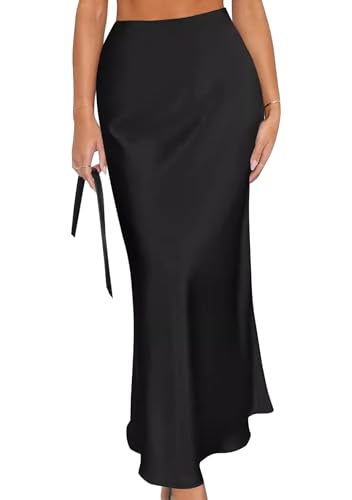 FLITAY Womens Casual Solid Color Pencil Skirts Soft Fashion Maxi Skirt High Waisted Fitted Satin Skirt