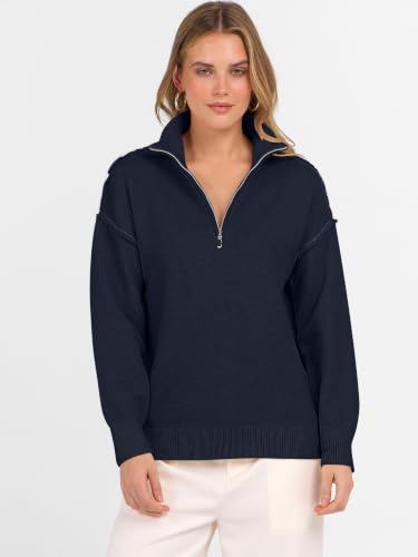 ANRABESS Womens Quarter Zip Sweaters Fall Long Sleeve V Neck Shirts Collared Business Casual Tops Knit Pullover Sweatshirts Navy Blue Solid Color XL — view 4