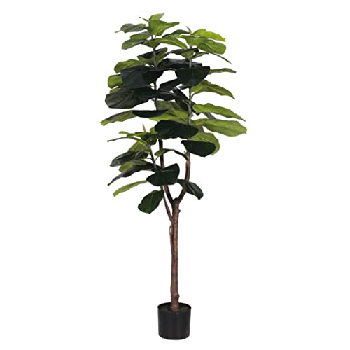 Image of Blooming Artificial Fiddle Leaf Fig - Realistic Faux Plant in Pot, No Watering, for Living Room, Office & Hallway, Broad Sculptural Leaves (150cm)