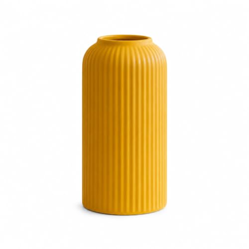 Image of Yellow Ribbed Ceramic Flower Vase 6 Inch Matte Pampas Grass & Dried Flower Vase for Home & Office Table Decor Decorative Centerpiece Gift - Vase Only
