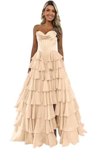 Meleg ölelés Long Tiered Prom Dress with Slit Ruffle Corset Long Champagne Layered Dress for Women Formal Evening Party Gowns Size 6
