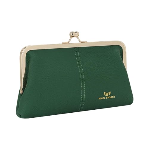 Image of Royal Bagger RFID Kiss Lock Wallet, Solid Color Multi-card Slots Card Holder, Genuine Cow Leather Clutch Purses for Women 1468 (Dark Green)