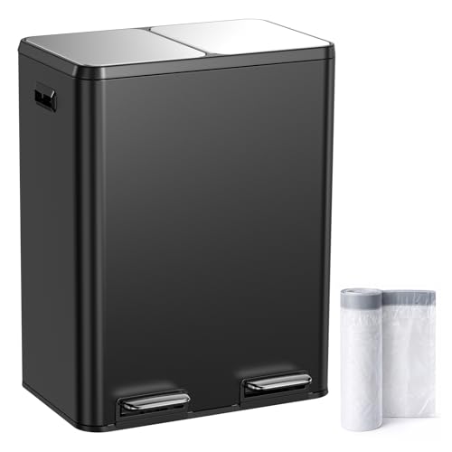 YEAUPE PRO Kitchen Rubbish Bin, 60 L Stainless Steel, Black Double Pedal Bin, 2 x 30 L, Waste Separation, Waste Bin with Soft Close Lid, Removable Inner Buckets, Odour-Proof, Kitchen Waste Bin with 15