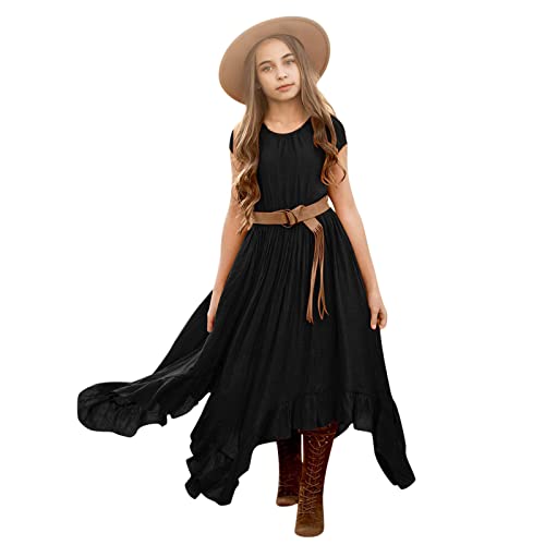 sfdgfhyf 7-12Y Girls Dresses Vintage Rockabilly Sleeve Retro Dresses Girls Party Swing Solid Irregular Dresses Short Dress (c-Black, 9-10 Years)