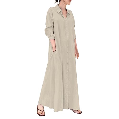 Generisch Sale Bekleidung Reise Must Have Kleider Damen Sommer Elegant Lässiges, Langärmliges Hemdblusenkleid Aus Baumwolle Und Leinen Für Frauen...