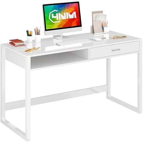 4NM 43.3" Small Desk with Wood Drawer, Home Office Computer Desk with Wooden Legs, Study Writing Table Vanity Desk for Small Spaces - White Cover