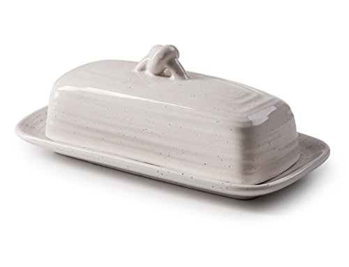 ROSCHER Ceramic Butter Dish w Handle (Avalon White Speck) Modern Dish and Plate Combo Classic Rustic Colors, Contemporary Design Vintage Kitchen, Dining Décor