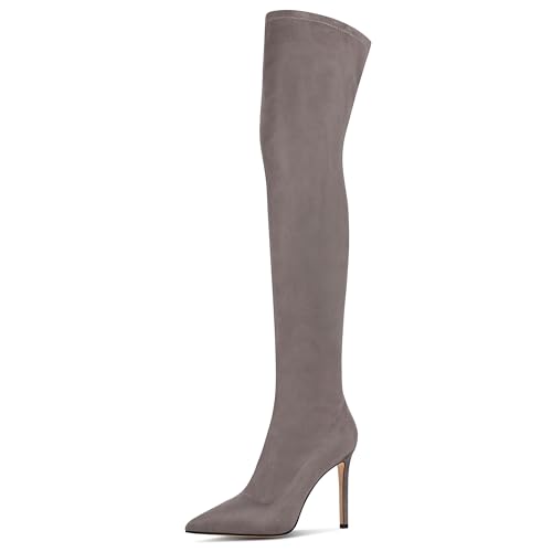GPXGPX Women's Over the Knee Boots Gray Suede High Heel Thigh High Boots Pointed Toe Long Stretch Sexy Fall Elastic Boots,Size 6