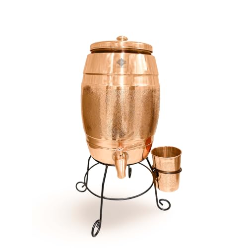 Image of Indian Art Villa Copper Water Pot with Embossed Design, 5 Litre Water Storage Vessel with Stand, Tap & Glass (275 ML), Ayurvedic Water Dispenser for Home, Office, Dining & Gifting