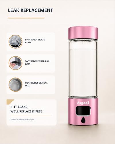 Image of Hydrogen Water Bottle Generator, 5000 PPB Hydrogen Rich Water with LED Timer, Rechargeable, Glass Bottle with Aluminum Alloy Shell, 1300mAh Battery for Home Office Travel (Pink)