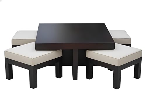 Image of Loonart Solid Sheesham Wood Coffee Table with Four Cushioned Stools|Idel for Living Room|Cafe|Restaurant|Space Saving Indoor Table Set|Finish Color - Warm Chestnut Finish|Off White Cushion|