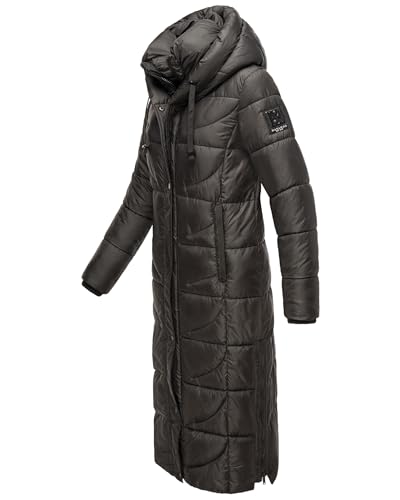 Navahoo Damski płaszcz zimowy, pikowany, ekstra długi z kapturem, rozmiary XS-XXL, Czarny, L