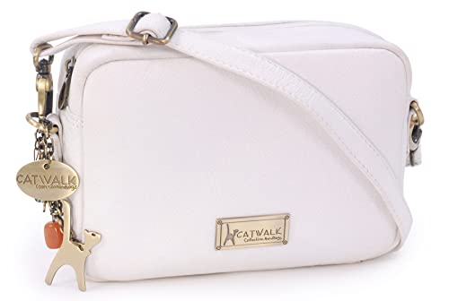 Image of Catwalk Collection Handbags - Ladies Small Leather Cross Body Bag - Women's Messenger Camera Bag - Adjustable Strap - Polly - White