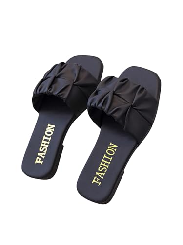 GORGLITTER Girl's Ruched Single Band Chic Flats Square Open Toe Pu Leather Slide Sandals