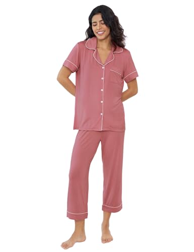 Image of Joyaria Bamboo Viscose Cooling Pajamas for Women Capri Button Front Pjs Set | Ideal for Night Sweats, Hot Sleeper Friendly, Breathable & Moisture Wicking, Short Sleeve Top