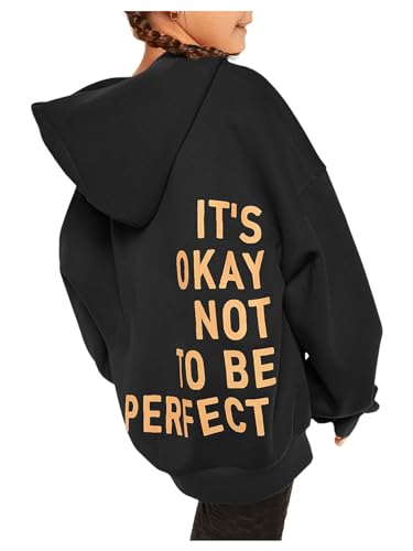 SweatyRocks Moletom feminino com capuz de manga comprida e estampa de letras grandes, Preto, 10 Anos