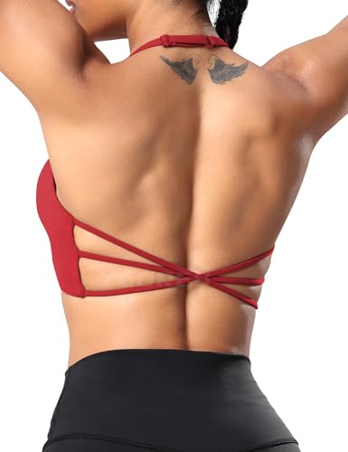 Image of YEOREO Women's Sports Bra Halter Workout Sports Bra Strappy Criss Cross Back Bra Removable Padded Yoga Crop Top