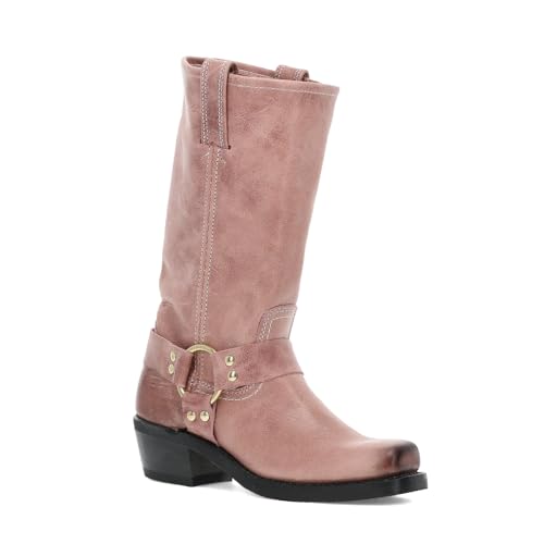 Frye Harness 12R Boots for Women - American-Made Motorcycle Boot - Italian Leather Harness Style - Durable Rubber Outsole with Genuine Stitch Welt Construction - Woodrose - Richmond Leather - 8