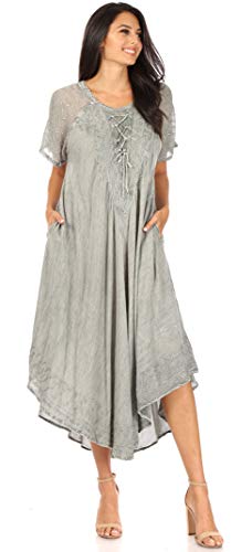 Image of Sakkas Egan Long Embroidered Caftan Dress /Cover Up with Embroidered Cap Sleeves