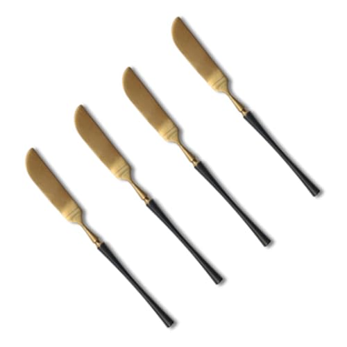 BRIIEC Black Handle Gold 18/10 Stainles Steel Butter Knife Cheese Spreader Knives Set, Slim Cutlery for Kitchen Hotel Restaurant Wedding Party, Matte Finish, Dishwasher Safe, Pack of 4