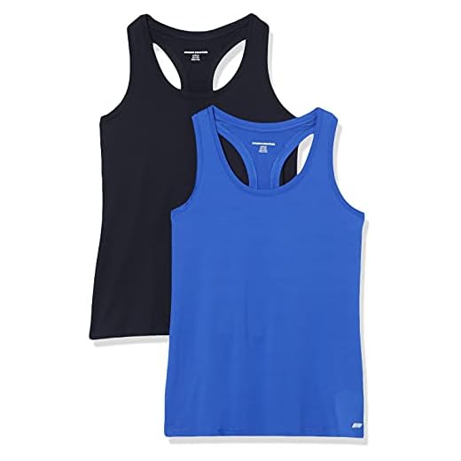 Amazon Essentials Women's Tech Stretch Racerback Tank Top (Available in Plus Size), Pack of 2, Bright Blue/Black, Medium