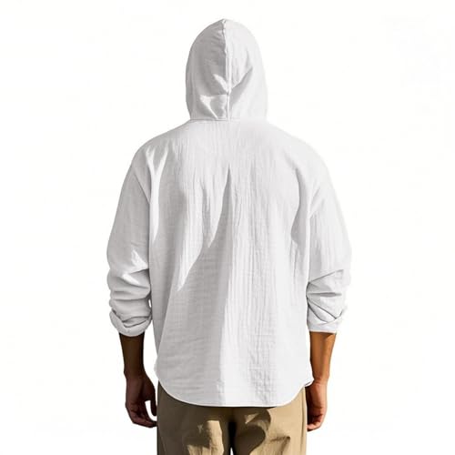 Men's Linen Hooded Shirt, Summer Cotton Linen Shirt，Fashion Lightweight Hoodie (White,XX-Large)3
