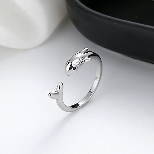 Cute Shark Open Rings Sea Animal Fish Blue Cubic Zirconia Eye For Women Girls Teens Sterling Silver Plated Expandable Adjustable Wrap Stackable Finger Knuckle Ring Fashion Christmas Birthday Dainty Jewelry Gifts Bff #TOP3