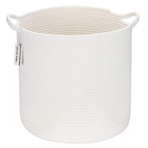 Image of Sea Team Medium Size Cotton Rope Woven Storage Basket with Handles, Laundry Hamper, Trunk Organizer, Clothes Toys Bin for Kid's Room, 14 x 14 inches, Round Open Design, White