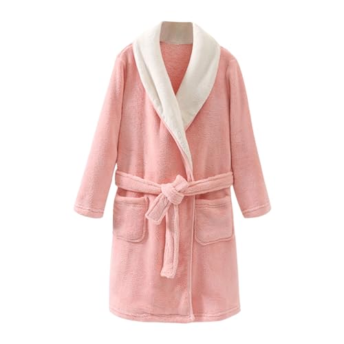 Bata de descanso con forro polar para niños, con cinturón, franela lisa, suave, cálida, para niños y niñas, mullida, gruesa hasta la rodilla, bata de baño acolchada para el hogar, rosa, 6-7 años