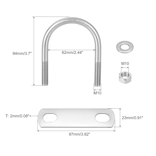 Image of uxcell Round U-Bolts, 6 Sets 62mm(2.44 inch) Inner Width 94mm Length M10 304 Stainless Steel U Clamp Bolt with Nuts and Plates, for Boat Trailer