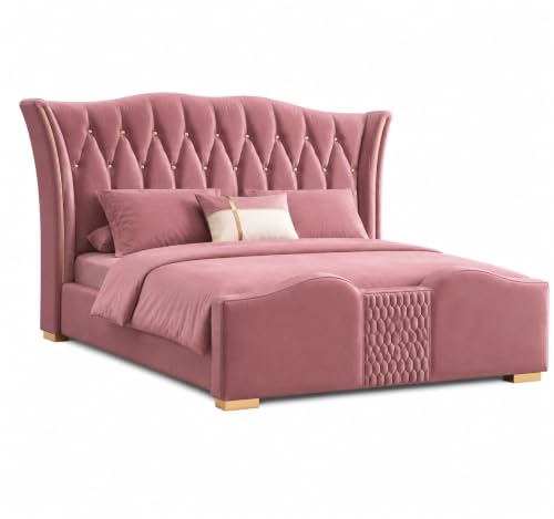 Image of Upholstered Queen Size Bed with Box Storage for Bedroom | Wooden Double Bed with Wooden Ply with Storage | Platform Cot Palang with Headboard | 6.5 x 5 Ft | Sheesham Wood | Onion Pink