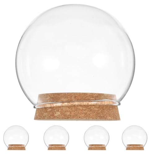5pcs Clear Glass Cloche Globe Display Dome with Wooden Base Decorative Glass Cloche Bell Jar Display Case For Collectibles Enchanted Rose Small Beer Specimens Snow Globes Crafts 10cm