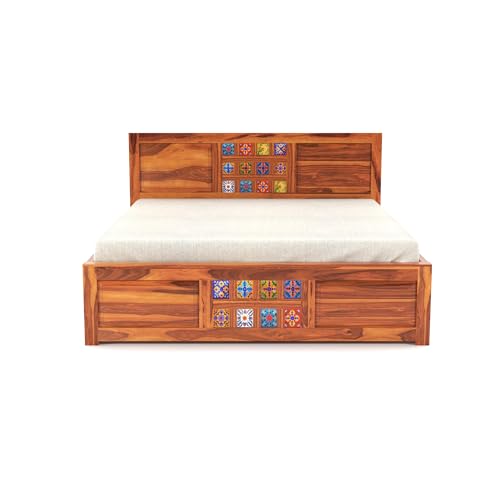 Image of Sheesham Wood King Size Bed with Storage Box | Wooden Box Bed King Size Double Cot Bed with Storage for Bedroom | Premium Tile Dalla Design Headboard Bed for Hotel, Home | Honey Finish
