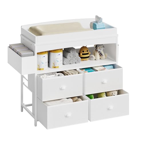 Image of Weiplehoom Baby Changing Table with Storage, Changing Table Dresser, Diaper Changer Crib Sleeper Fabric Drawers, Storage Dividers, Diapers Bags for Nursery Modern (4 Drawers/White)
