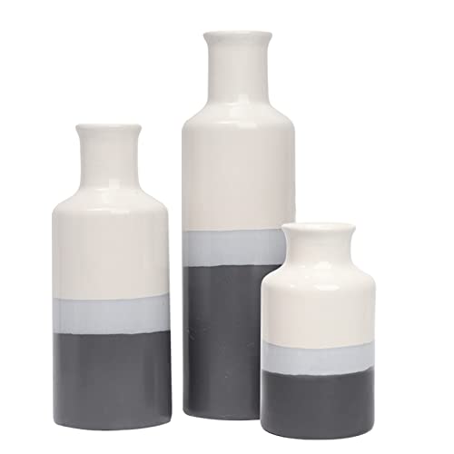 Ceramic Vase 3 Piece Set, Home Decor Decorative Flower Vases Set For Modern Farmhouse Decoration, Living Room Centerpieces,Events, Table, Bookshelf, Mantel And Entryway Decor(Grey-White,Cylindrical) #TOP4